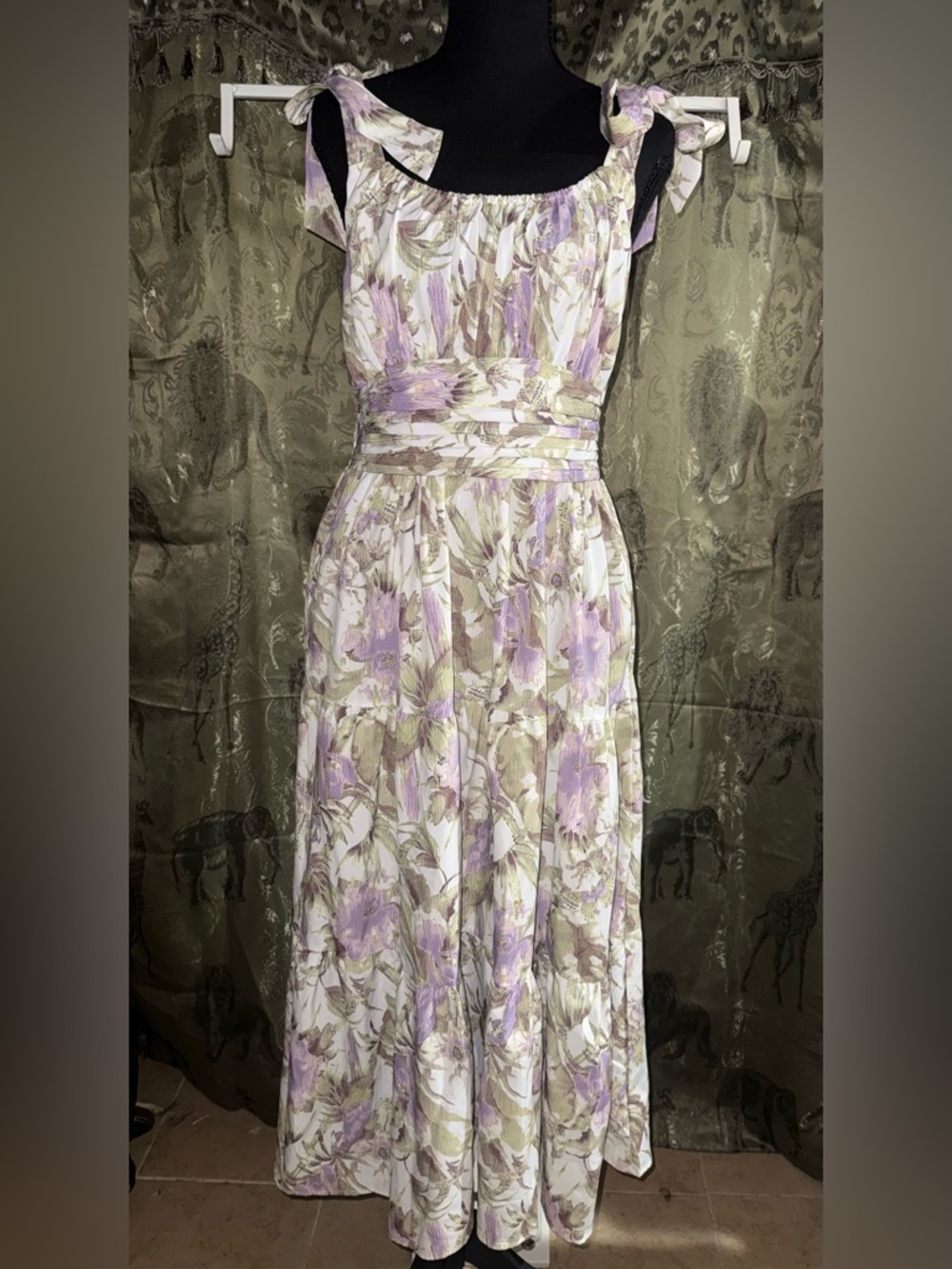 Lavender & Cream Floral Tie-Shoulder Maxi Dress